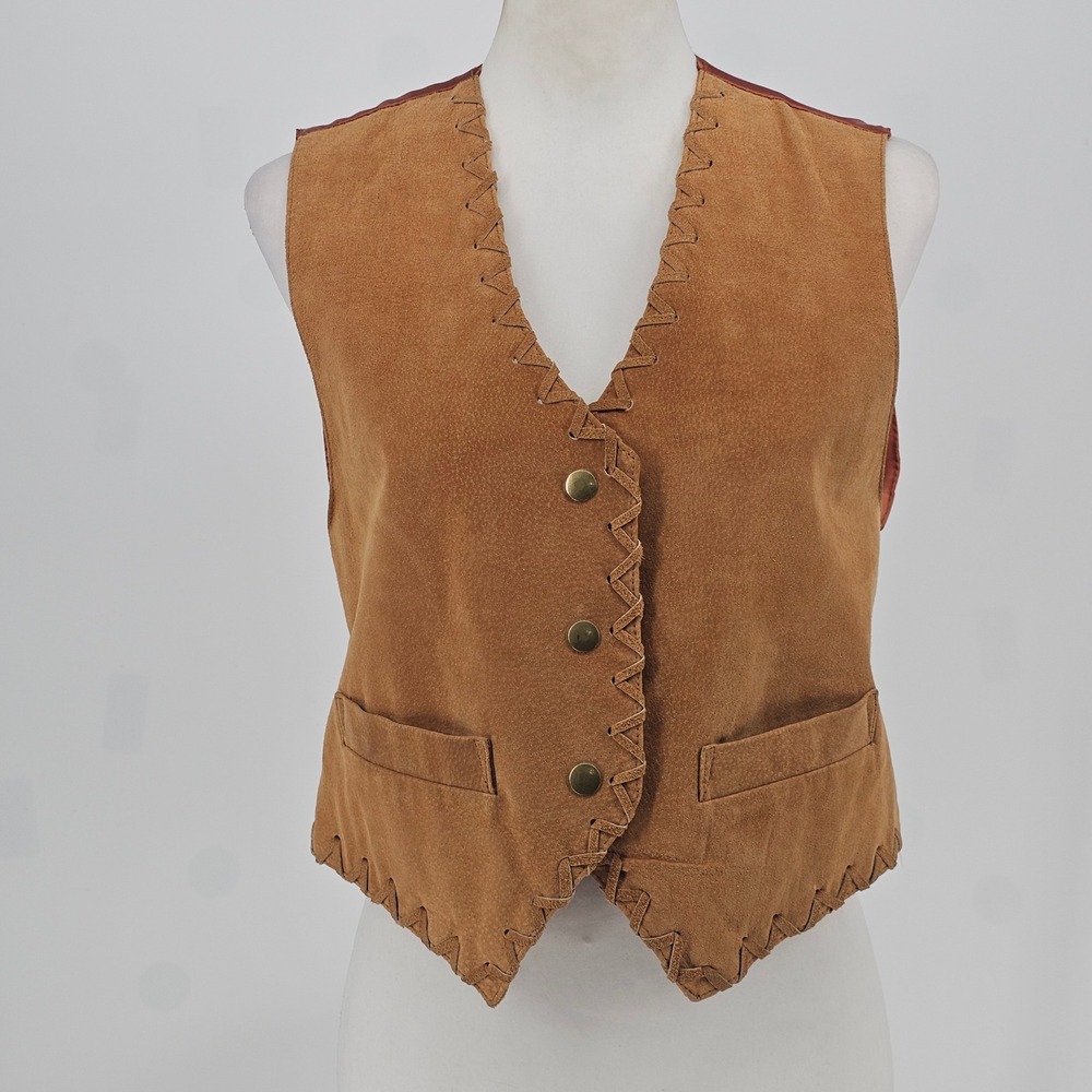 Vintage 90s Suede Leather Vest Medium Brown Western Boho Whipstitch Cowgirl Y2K